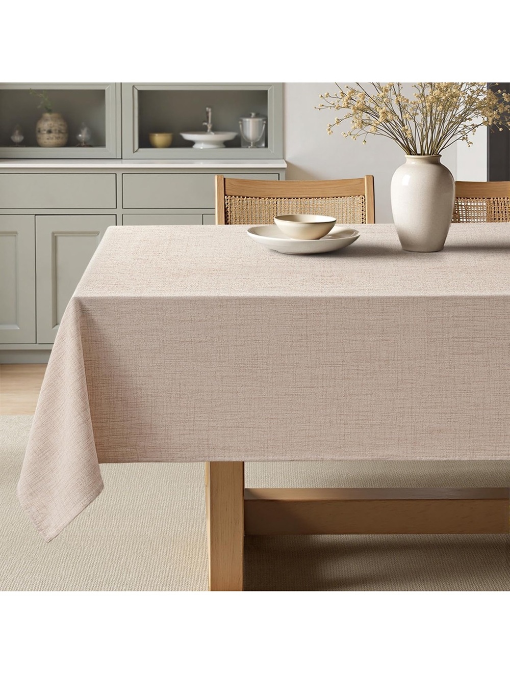 Natural Beige Linen Cotton Table Cloth Rectangle Waterproof Cross-Star Textured